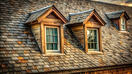 Obraz premium Rustic Wooden Dormers Adorn a Weathered Shake Roof Under a Golden Sunset