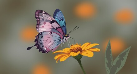 Naklejka premium Pink and Blue Butterfly on Yellow Flower Soft Focus Green Background