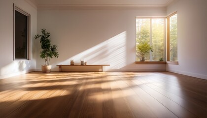 Fototapeta premium the image features a series of minimalist sunlit interiors with wooden floors and white walls sunlight streams through large windows casting soft natural shadows on the walls and floors some imag