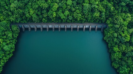 Fototapeta premium Aerial view of a dam surrounded by lush green forests and tranquil water, showcasing a harmonious blend of nature and infrastructure.