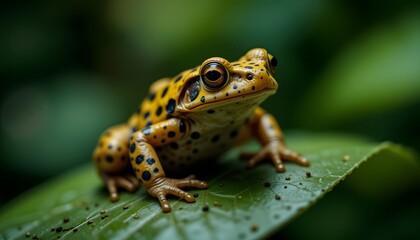 Fototapeta premium Yellow Frog with Black Spots Resting on Green Leaf