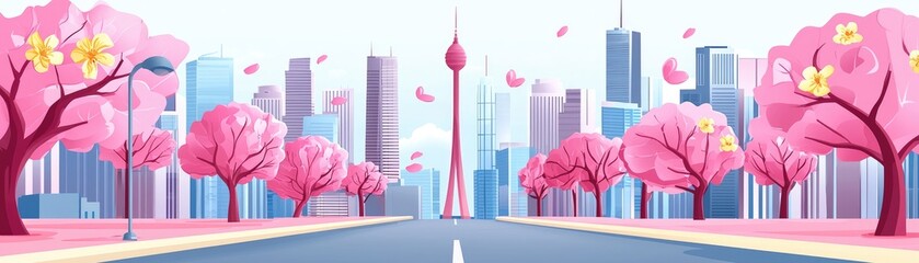 Spring city road, cherry blossoms, cityscape, tower