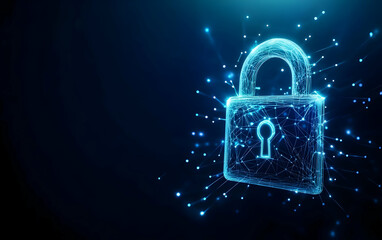 A digital padlock representing cybersecurity and data protection in a virtual environment with glowing particles and effects.