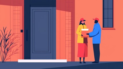 Fototapeta premium A delivery person hands a package to a smiling recipient at a colorful house entrance, illustrating a friendly exchange.