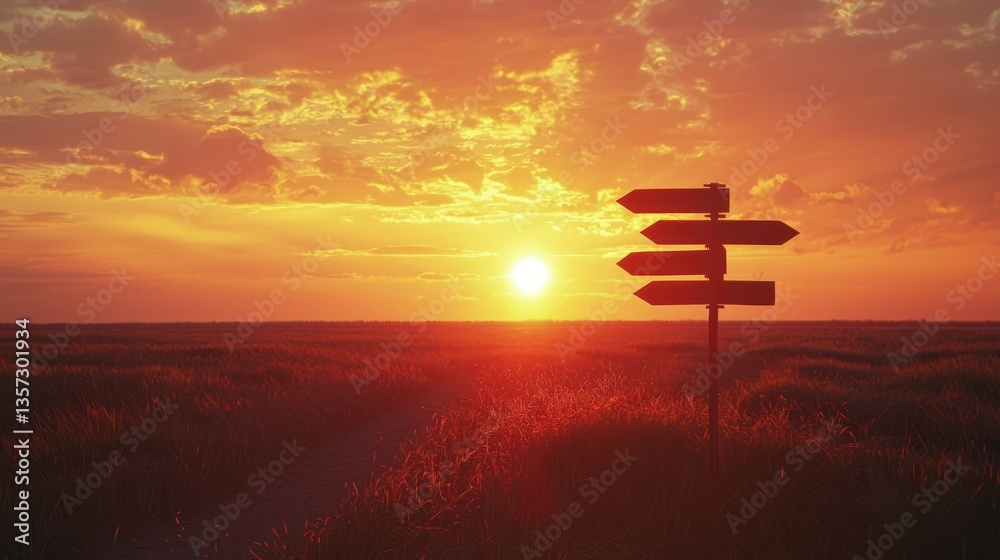 Poster a sunset scene where arrows pointing in different directions are silhouetted in the foreground.