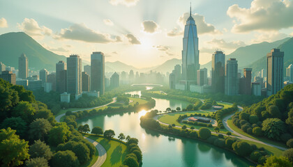 Fototapeta premium Urban Landscape with River and Mountains at Sunrise 