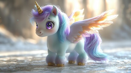 A cute, winged unicorn figurine with pastel colors and large expressive eyes stands on a snowy surface, illuminated by soft, glowing light.