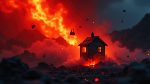 A dramatic scene with a home amidst an erupting volcano or firestorm, conveying danger and survival.