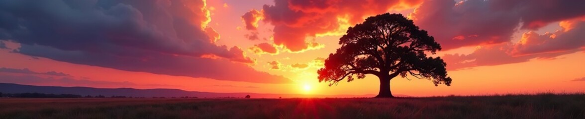 Fototapeta premium Big oak tree silhouette against colorful sunset sky in rural landscape, sky, evening