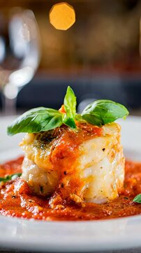 Crispy cod fillet swimming in vibrant tomato sauce, adorned with fragrant basil, representing elegant seafood culinary artistry.