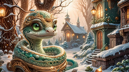 Obraz premium Portrait of a green snake in a Santa hat, Symbol of the year according to the Eastern calendar