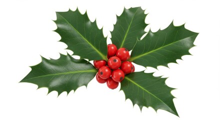 Obraz premium Holly Sprig with Red Berries Isolated - Festive holly sprig, red berries, winter greenery, nature, Christmas symbol. Represents joy, celebration, tradition, and nature's beauty
