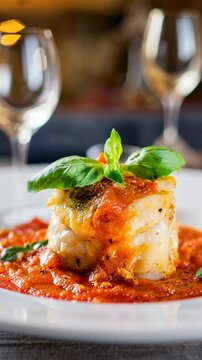 Crispy cod fillet swimming in vibrant tomato sauce, adorned with fragrant basil, representing elegant seafood culinary artistry.