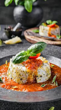 Steamed cod fillet nestled on vibrant tomato sauce, garnished with fresh basil, exemplifying elegant seafood cuisine.