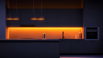 Modern kitchen interior with ambient orange lighting, sleek cabinets, and minimalistic design
