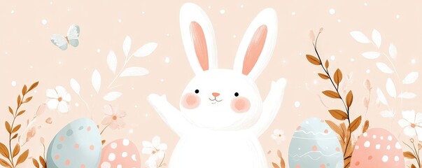 Adorable Easter Bunny with Floral Background in Pastel Colors