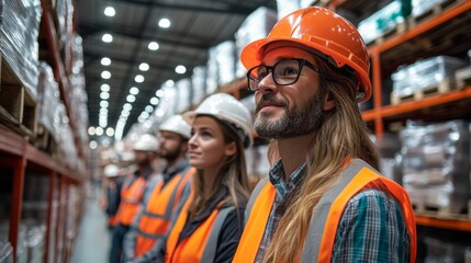 Fototapeta premium Warehouse staff in safety gear actively monitor inventory in a distribution center, collaborating to enhance logistics operations and fulfill storage requirements effectively.