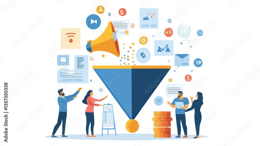 Poster a team of marketers reviewing funnel data to improve customer engagement and sales processes