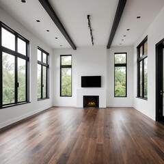 Fototapeta premium Modern Empty Living Room with Fireplace and Large Windows