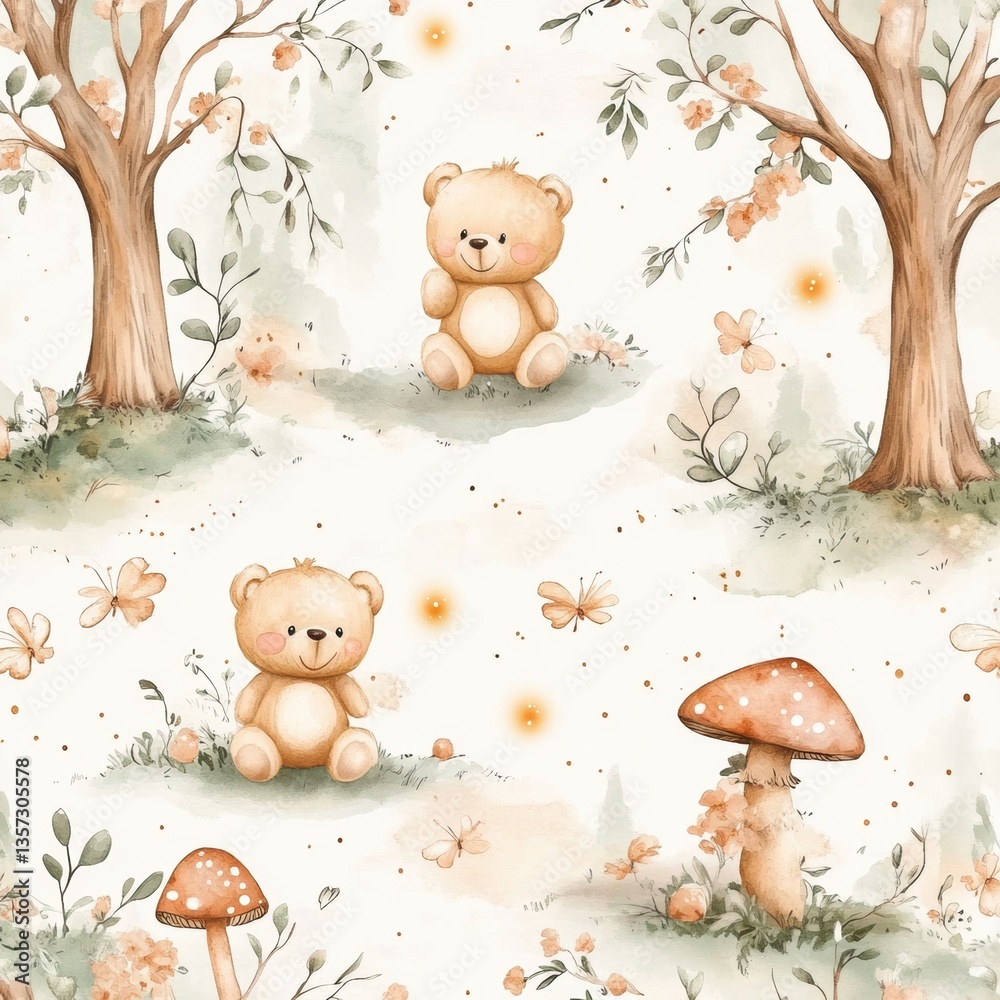 Aufkleber Explore cozy adventures with teddy bears in a whimsical forest filled with fireflies and enchanting trees Generative AI