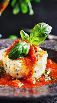 Close up of a delicious white fish fillet seasoned with tomato sauce, basil leaves, and spices.