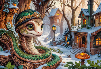 Obraz premium Portrait of a green snake in a Santa hat, Symbol of the year according to the Eastern calendar
