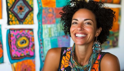 Fototapeta premium Radiant Young Woman, Vibrant Artwork, Authentic Smile, Joyful Expression. Creativity, Positivity.