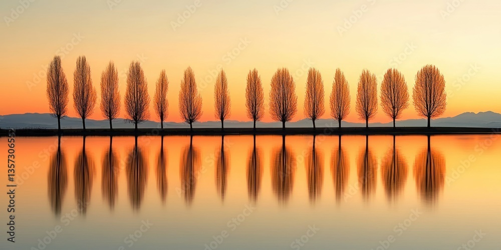 Poster a tree line reflected perfectly in a calm lake during sunrise.