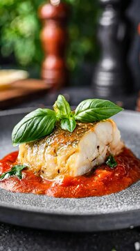 Beautifully plated fish fillet is garnished with fresh basil leaves, resting on a vibrant red tomato sauce.
