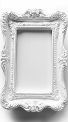 Ornate white picture frame with intricate designs, empty space for artwork or photos