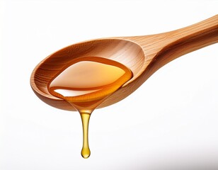 wooden spoon with honey drip isolated on white background