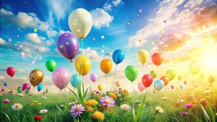 Joyful Celebration Colorful Balloons Floating Above a Lush Meadow Under a Sunny Sky