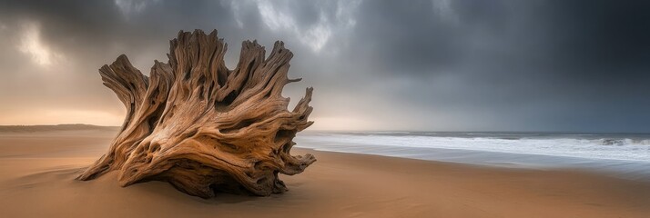 Weathered Driftwood Root Sculpture on Sand, Dramatic Cloudy Sky with Waves on the Beach
