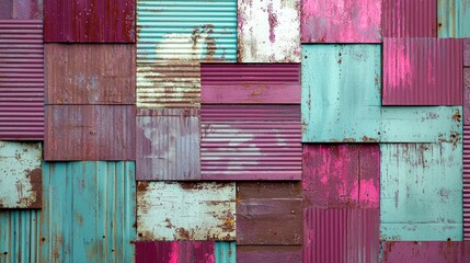 Colorful, rusty metal panels wall design; urban background