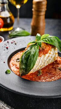 Delicious grilled cod fillet is served on a bed of tomato sauce and garnished with fresh basil leaves.