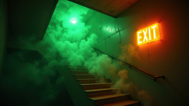 A person standing at a top floor exit with thick smoke billowing out from below.