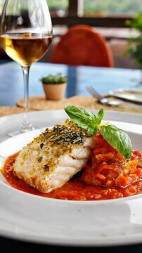White fish fillet searing on plate, topped with bright tomato sauce, garnished with fresh basil, with white wine glass.