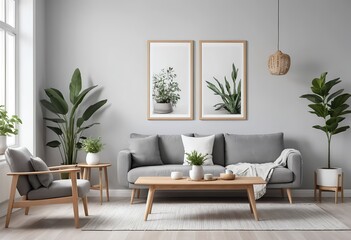 Modern Living Room Interior Design with Gray Sofa and Plants