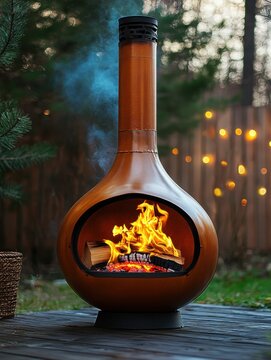 Cozy outdoor chiminea with burning wood logs creating warm ambiance in backyard setting