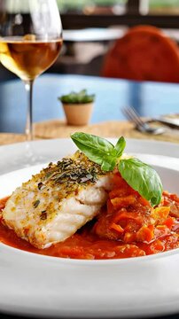 White fish fillet searing on plate, topped with bright tomato sauce, garnished with fresh basil, with white wine glass.