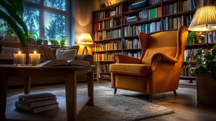 Cozy reading nook with armchair, bookshelf, candles, and soft lighting
