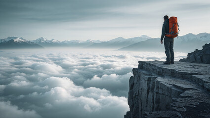Hiker conquering summit, admiring breathtaking cloud inversion over majestic mountains