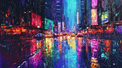 Obraz premium Vibrant city street at night, reflections dancing on the wet pavement, captured in expressive brushstrokes, a celebration of urban beauty.
