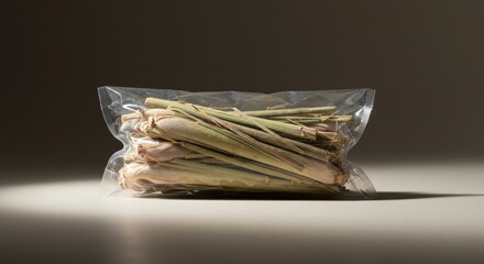 Packaged Lemongrass Stalks on Surface Under Studio Lighting for Food Preparation
