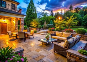Fototapeta premium Elegant Stone Patio Design Ideas: Natural Stone Pavers, Outdoor Living Space