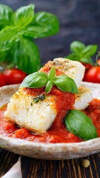 Fried cod fillet lying on tomato sauce with basil, cherry tomatoes, and garlic on black slate plate.
