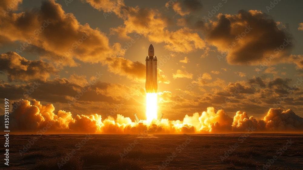 Poster a rocket ascends into the twilight sky, its engines ablaze, propelling forward amidst clouds and smo
