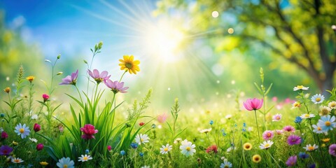 Fototapeta premium Vibrant wildflowers bathed in sunlight, a picturesque meadow scene with blossoms of diverse colors and shapes, a serene and joyful springtime vista