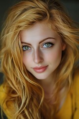 Naklejka premium Portrait of woman with long blonde hair green eyes and fair skin wearing yellow top gazing viewer