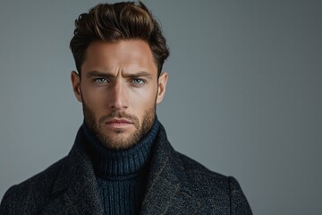Fototapeta premium A ruggedly handsome Caucasian man in a turtleneck and stylish coat exudes confidence against a neutral backdrop.